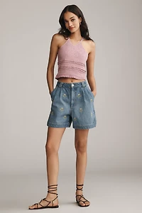 Farm Rio Embroidered Palm Tree Denim Shorts