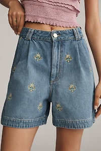 Farm Rio Embroidered Palm Tree Denim Shorts