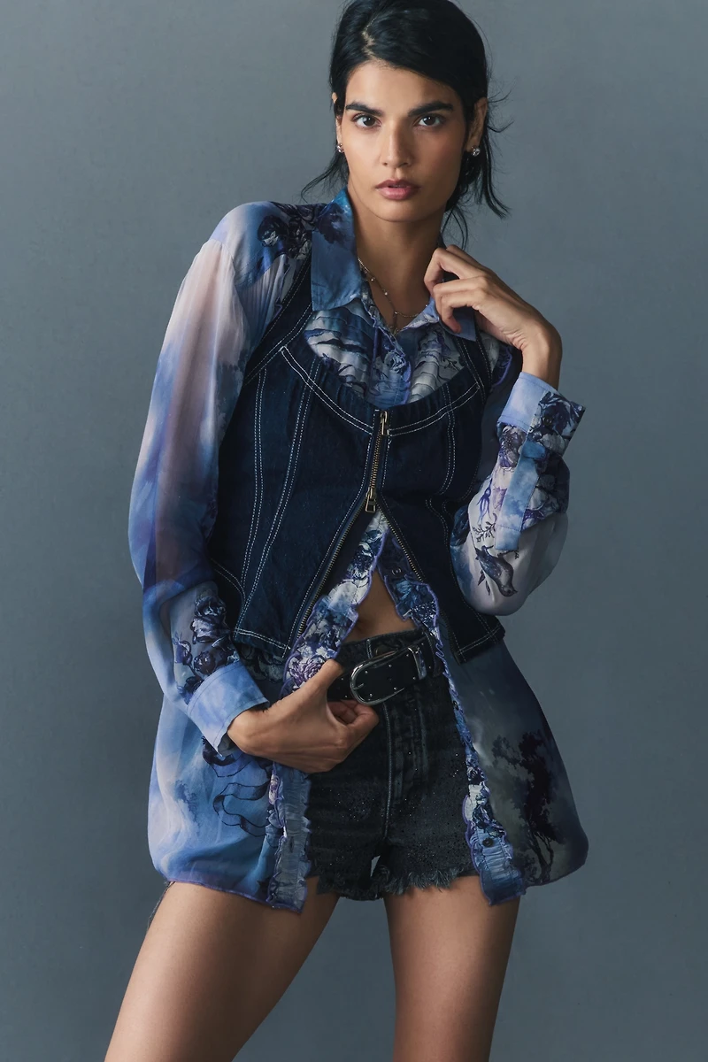 The Devon Rhinestone Distressed Denim Shorts by Pilcro
