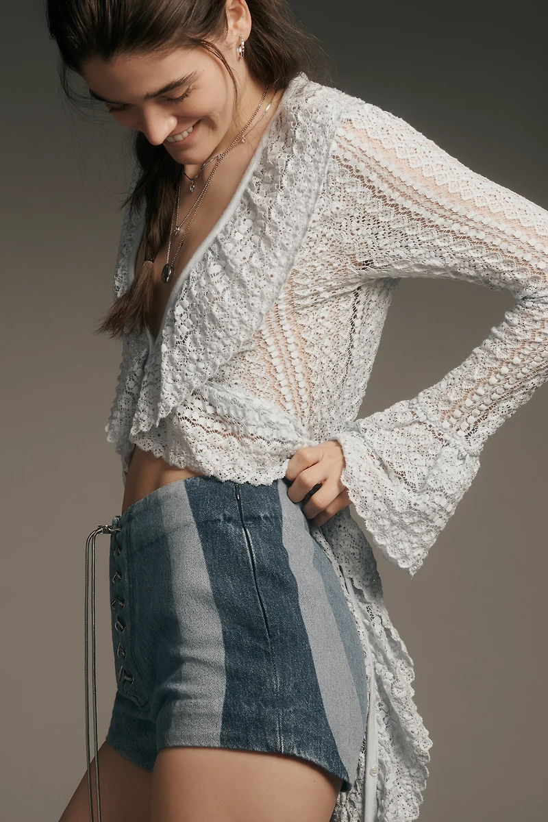 Retrofete Aleyna Lace-Up Paneled Denim Shorts