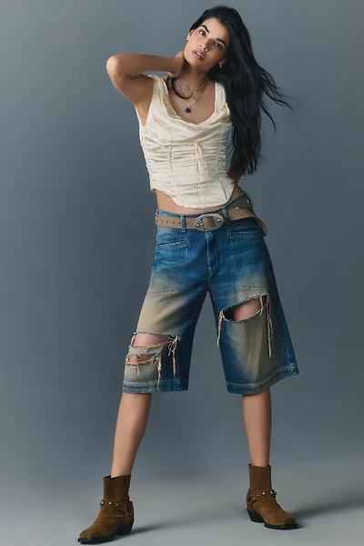 Pilcro Destroyed Knee-Length Washed Denim Shorts