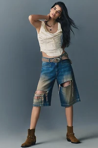 Pilcro Destroyed Knee-Length Washed Denim Shorts