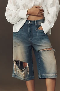 Pilcro Destroyed Knee-Length Washed Denim Shorts