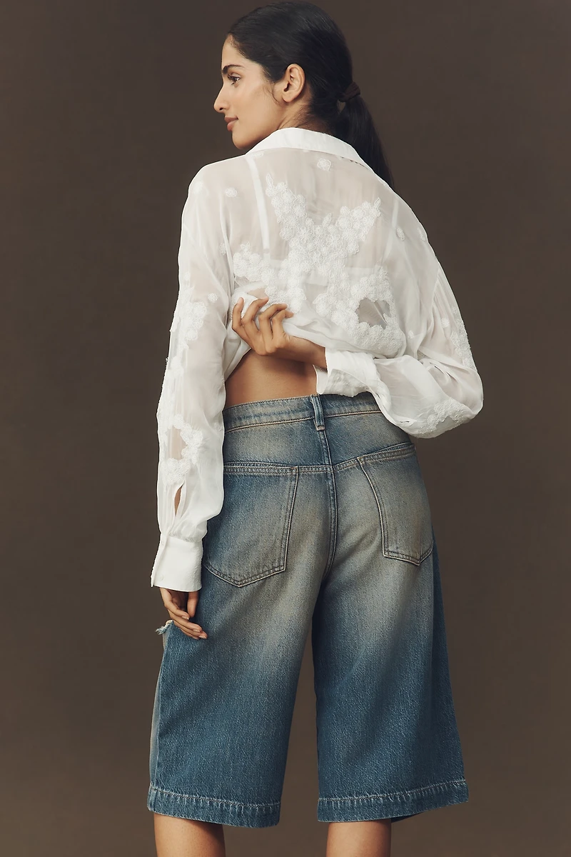 Pilcro Destroyed Knee-Length Washed Denim Shorts