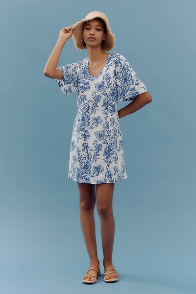 Porridge Short-Sleeve Crew-Neck Linen Printed Mini Dress
