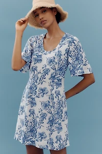 Porridge Short-Sleeve Crew-Neck Linen Printed Mini Dress