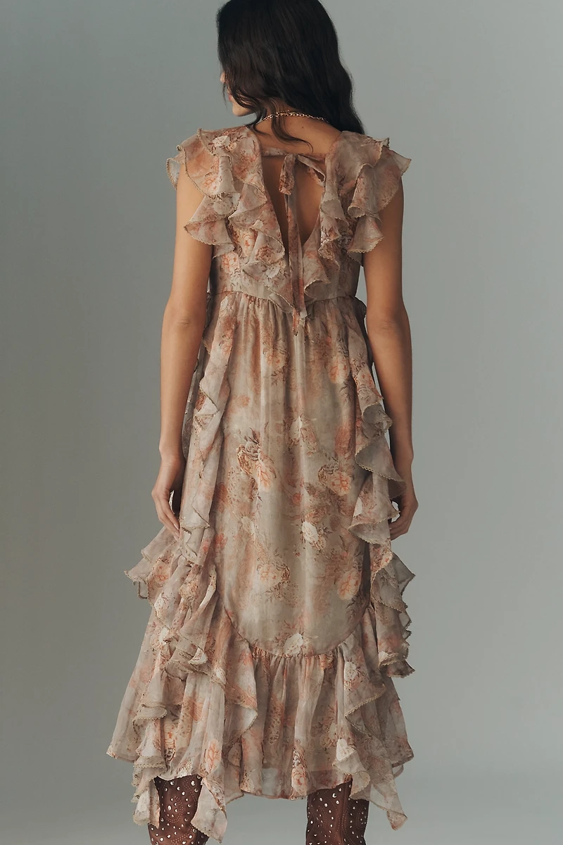 By Anthropologie Ruffled Sleeveless Plunge Midi Dress