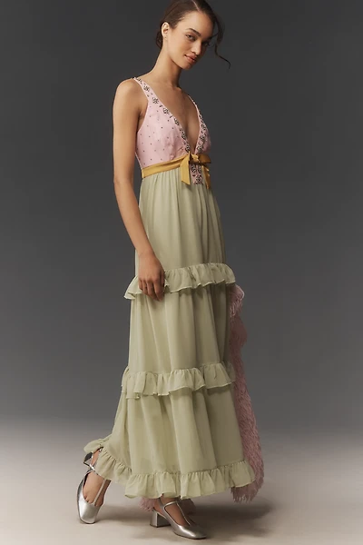 Maeve Embellished Deep-V Tiered Ruffle Maxi Dress