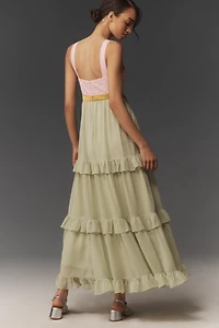 Maeve Embellished Deep-V Tiered Ruffle Maxi Dress