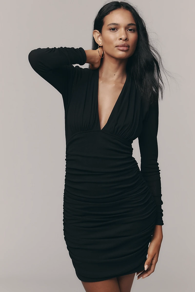 By Anthropologie V-Neck Ruched Mesh Midi Dress