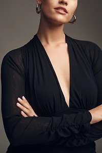 By Anthropologie V-Neck Ruched Mesh Midi Dress