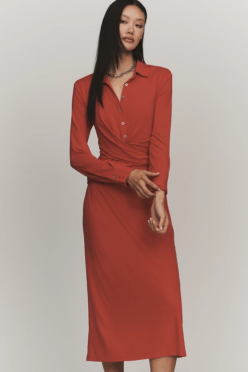 By Anthropologie Draped Long-Sleeve Midi Shirt Dress