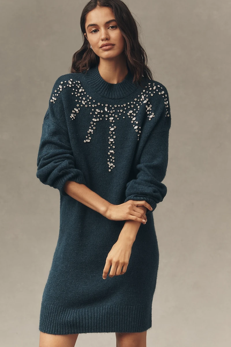By Anthropologie Long-Sleeve Embellished Sweater Mini Dress