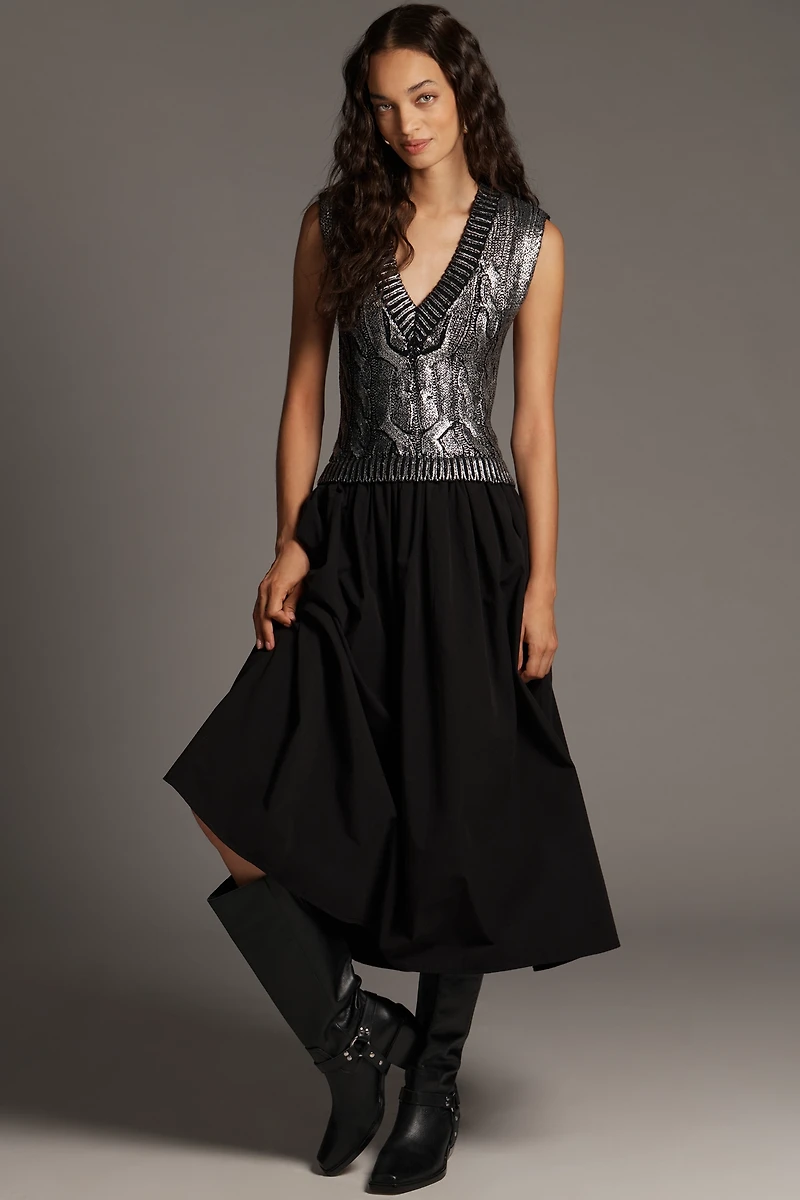 Pilcro Sleeveless V-Neck Foil Twofer Midi Dress