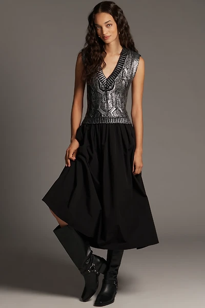 Pilcro Sleeveless V-Neck Foil Twofer Midi Dress