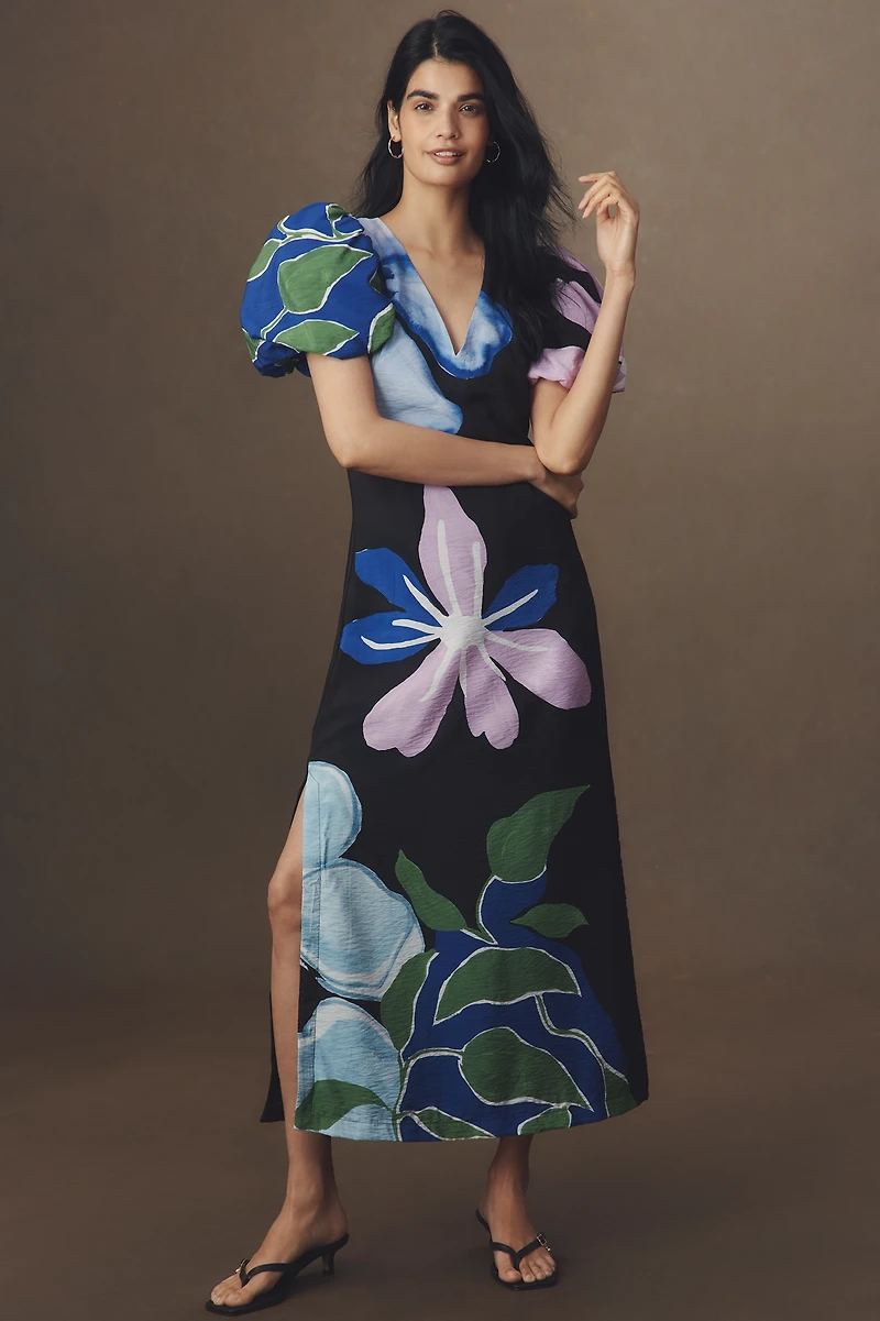 By Anthropologie Puff-Sleeve A-Line Maxi Dress