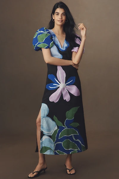 By Anthropologie Puff-Sleeve A-Line Maxi Dress
