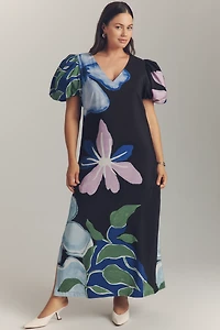 By Anthropologie Puff-Sleeve A-Line Maxi Dress