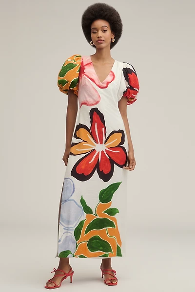 By Anthropologie Puff-Sleeve A-Line Maxi Dress