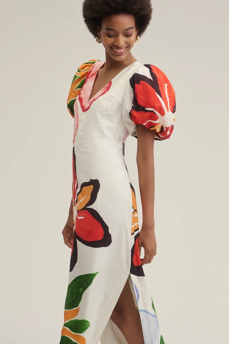 By Anthropologie Puff-Sleeve A-Line Maxi Dress