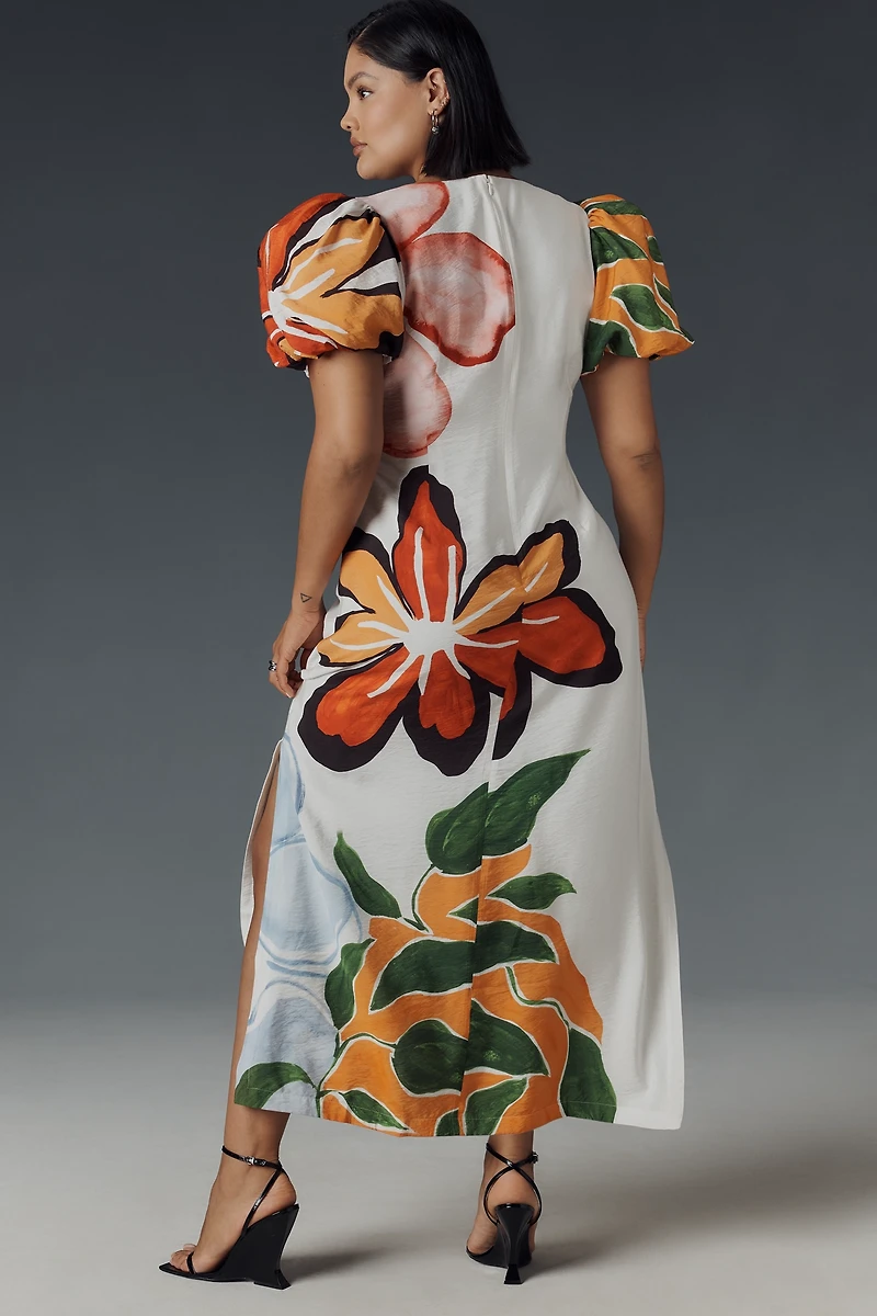 By Anthropologie Puff-Sleeve A-Line Maxi Dress