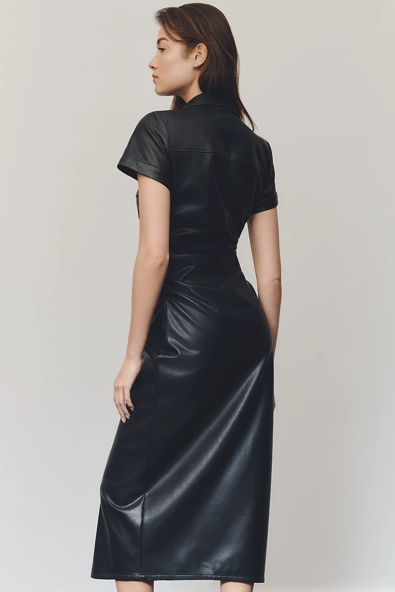 Pilcro Faux-Leather Short-Sleeve Ruched Midi Shirt Dress