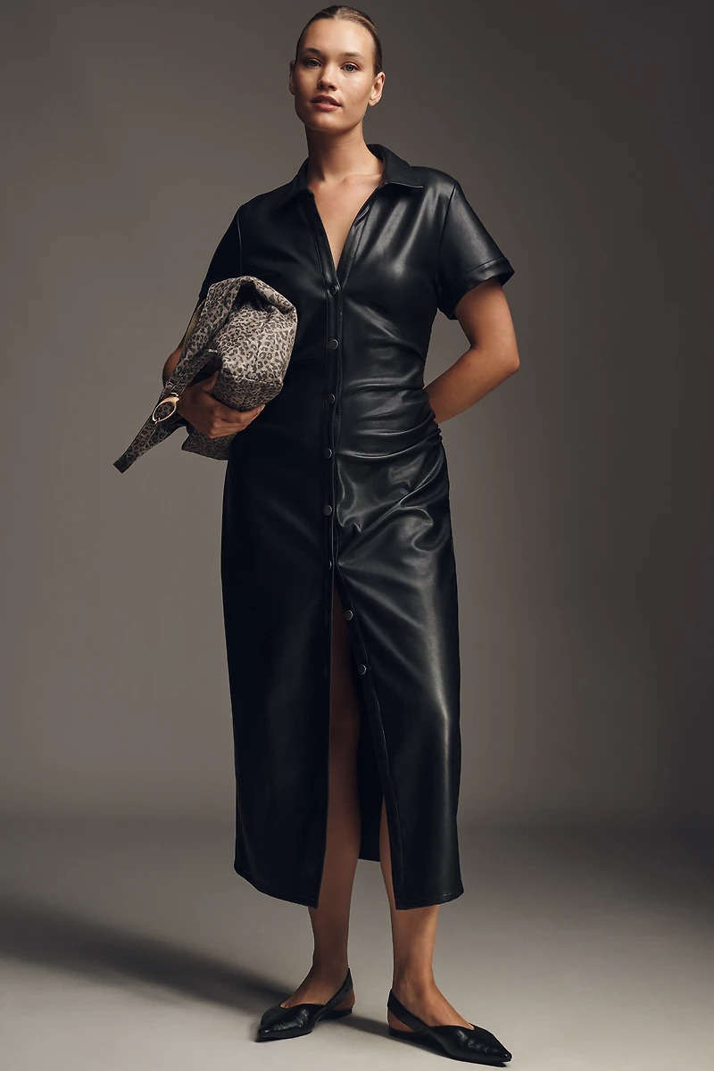 Pilcro Faux-Leather Short-Sleeve Ruched Midi Shirt Dress