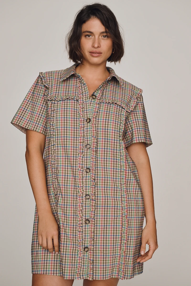By Anthropologie Short-Sleeve Metallic Brocade Mini Dress