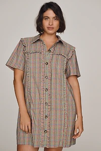 By Anthropologie Short-Sleeve Metallic Brocade Mini Dress