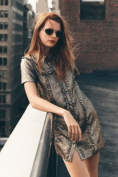 By Anthropologie Short-Sleeve Metallic Brocade Mini Dress
