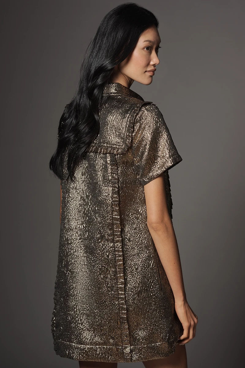 By Anthropologie Short-Sleeve Metallic Jacquard Mini Dress