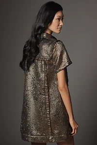 By Anthropologie Short-Sleeve Metallic Jacquard Mini Dress