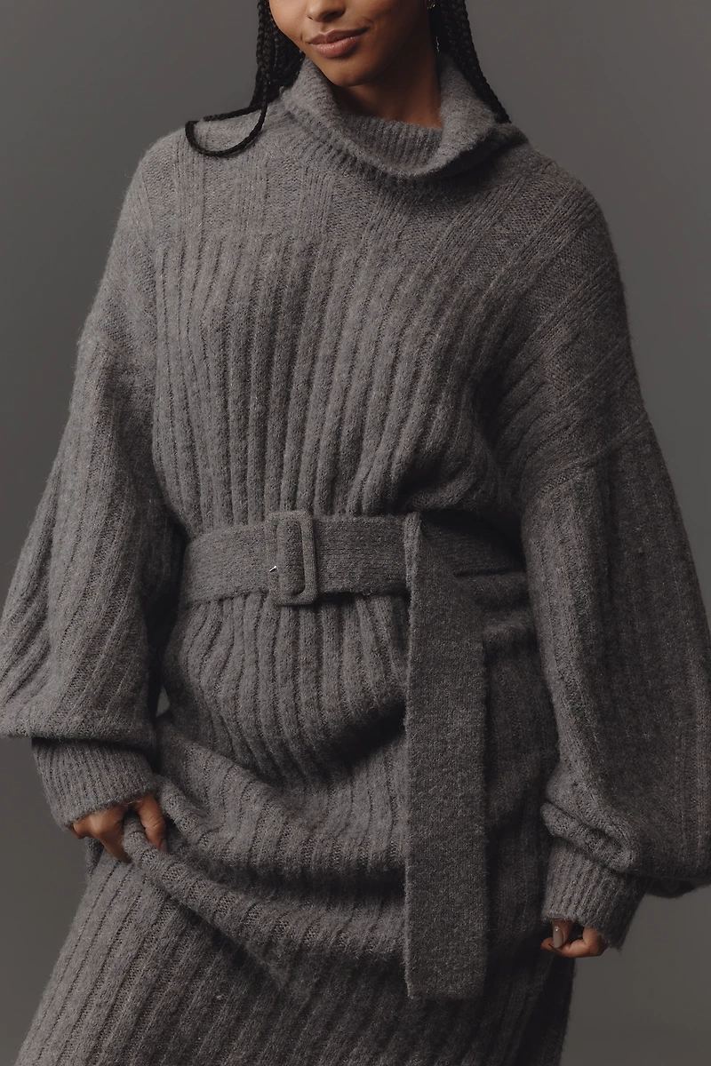 By Anthropologie Long-Sleeve Turtleneck Belted Sweater Midi Dress
