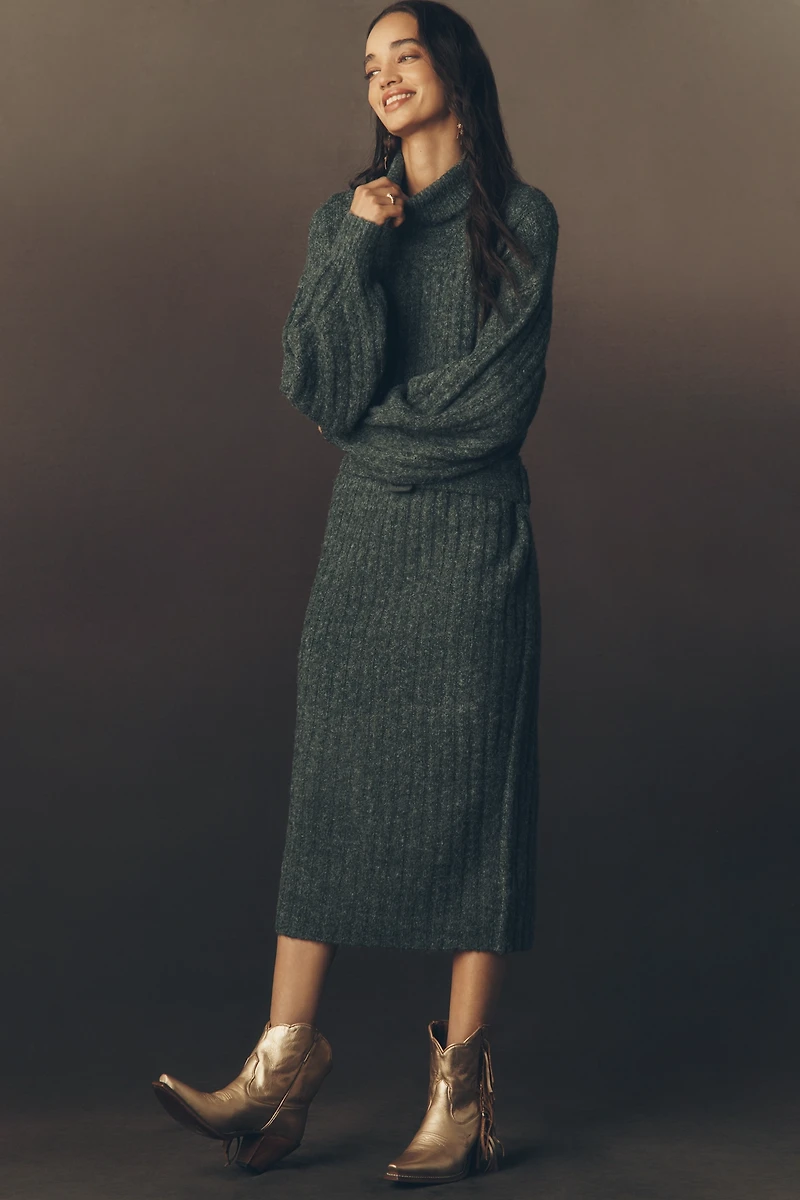 By Anthropologie Long-Sleeve Turtleneck Belted Sweater Midi Dress