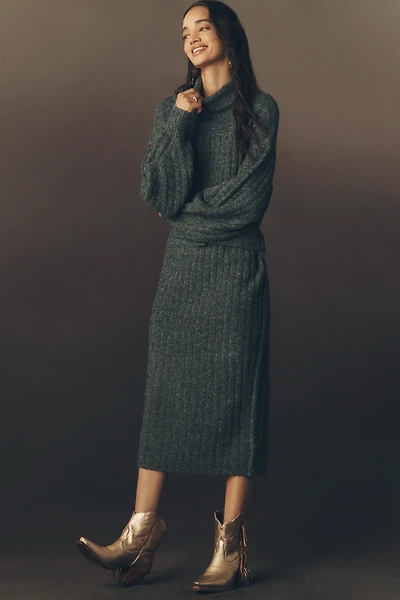 By Anthropologie Long-Sleeve Turtleneck Belted Sweater Midi Dress