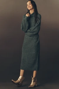 By Anthropologie Long-Sleeve Turtleneck Belted Sweater Midi Dress