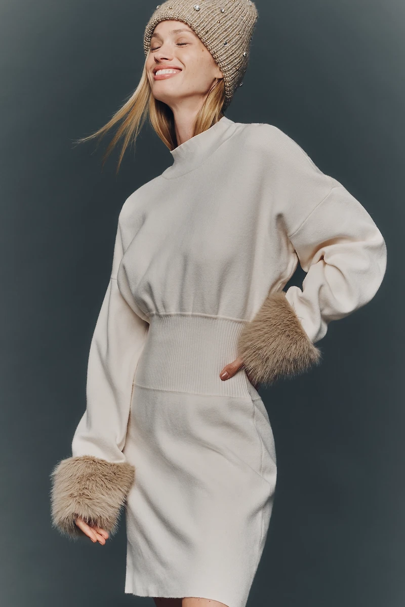 By Anthropologie Long-Sleeve Faux Fur Trim Sweater Mini Dress