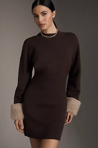 By Anthropologie Long-Sleeve Faux Fur Trim Sweater Mini Dress