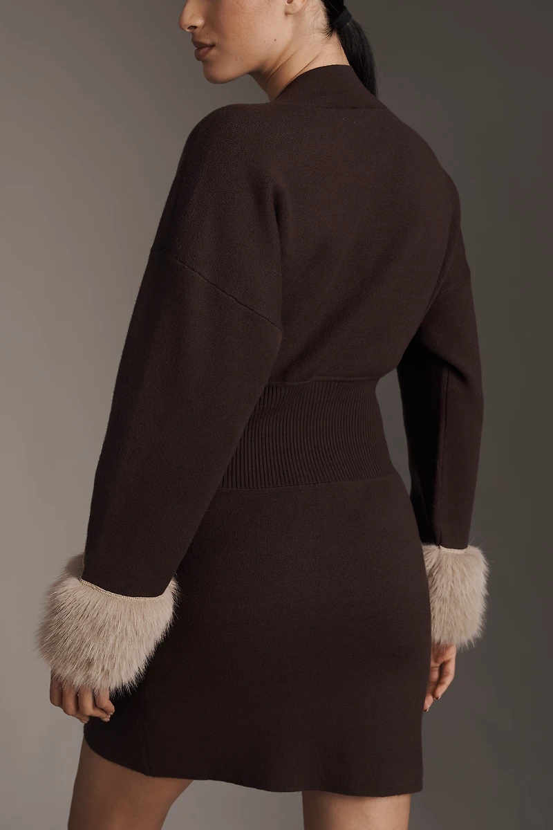 By Anthropologie Long-Sleeve Faux Fur Trim Sweater Mini Dress
