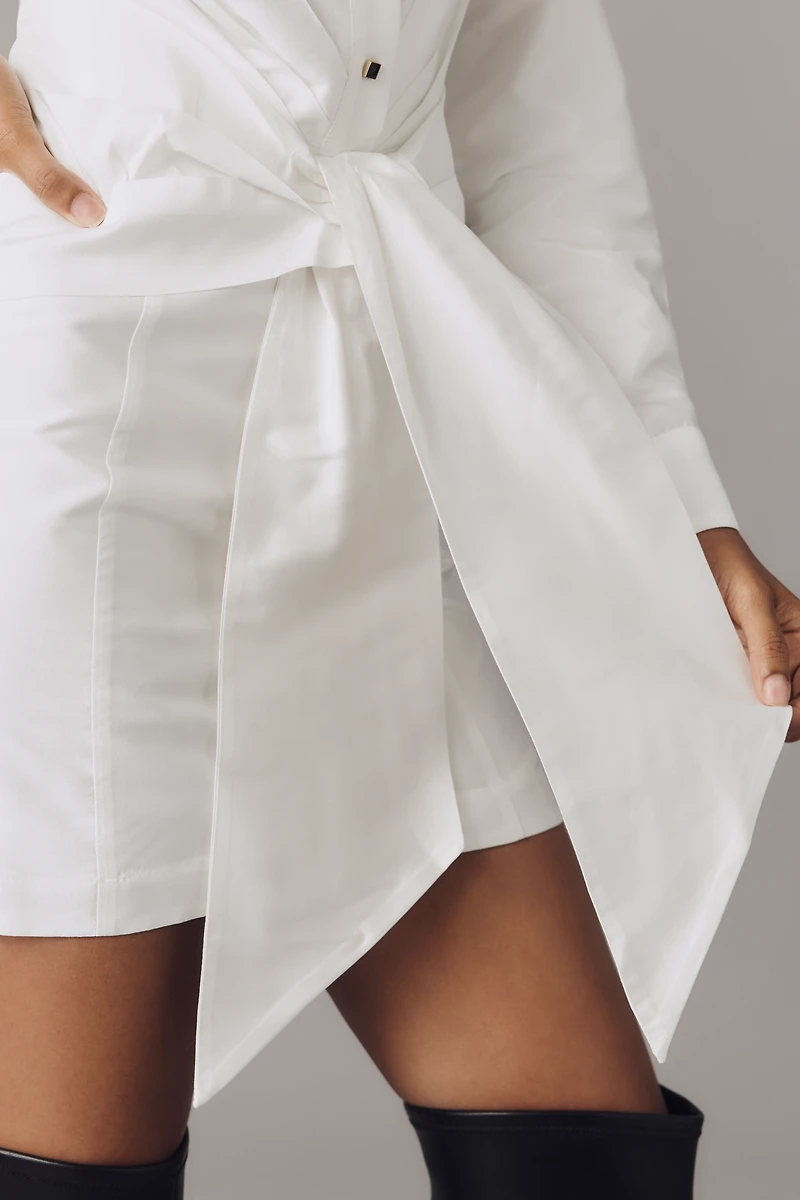 By Anthropologie Long-Sleeve Tie-Front Mini Shirt Dress