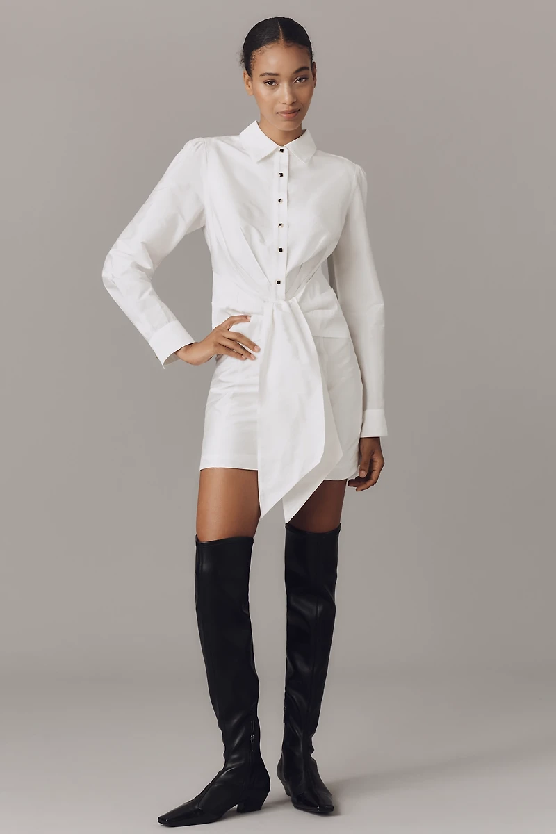 By Anthropologie Long-Sleeve Tie-Front Mini Shirt Dress