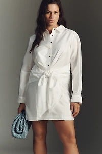 By Anthropologie Long-Sleeve Tie-Front Mini Shirt Dress