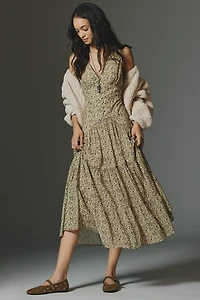 By Anthropologie Sleeveless V-Neck Tiered A-Line Midi Dress