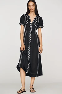 By Anthropologie Satin Embroidered Midi Dress