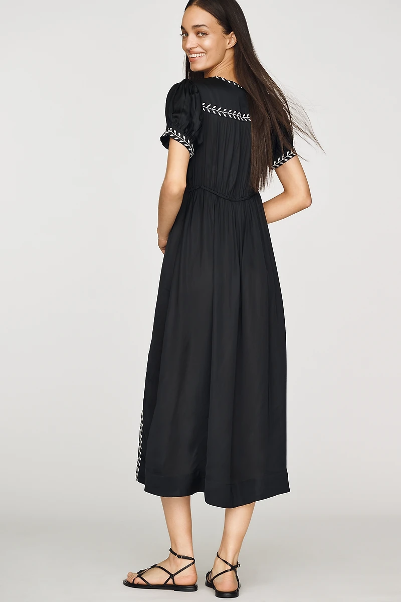 By Anthropologie Satin Embroidered Midi Dress