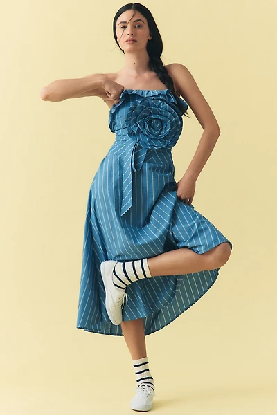 By Anthropologie Strapless Rosette Asymmetric Drop-Waist Midi Dress