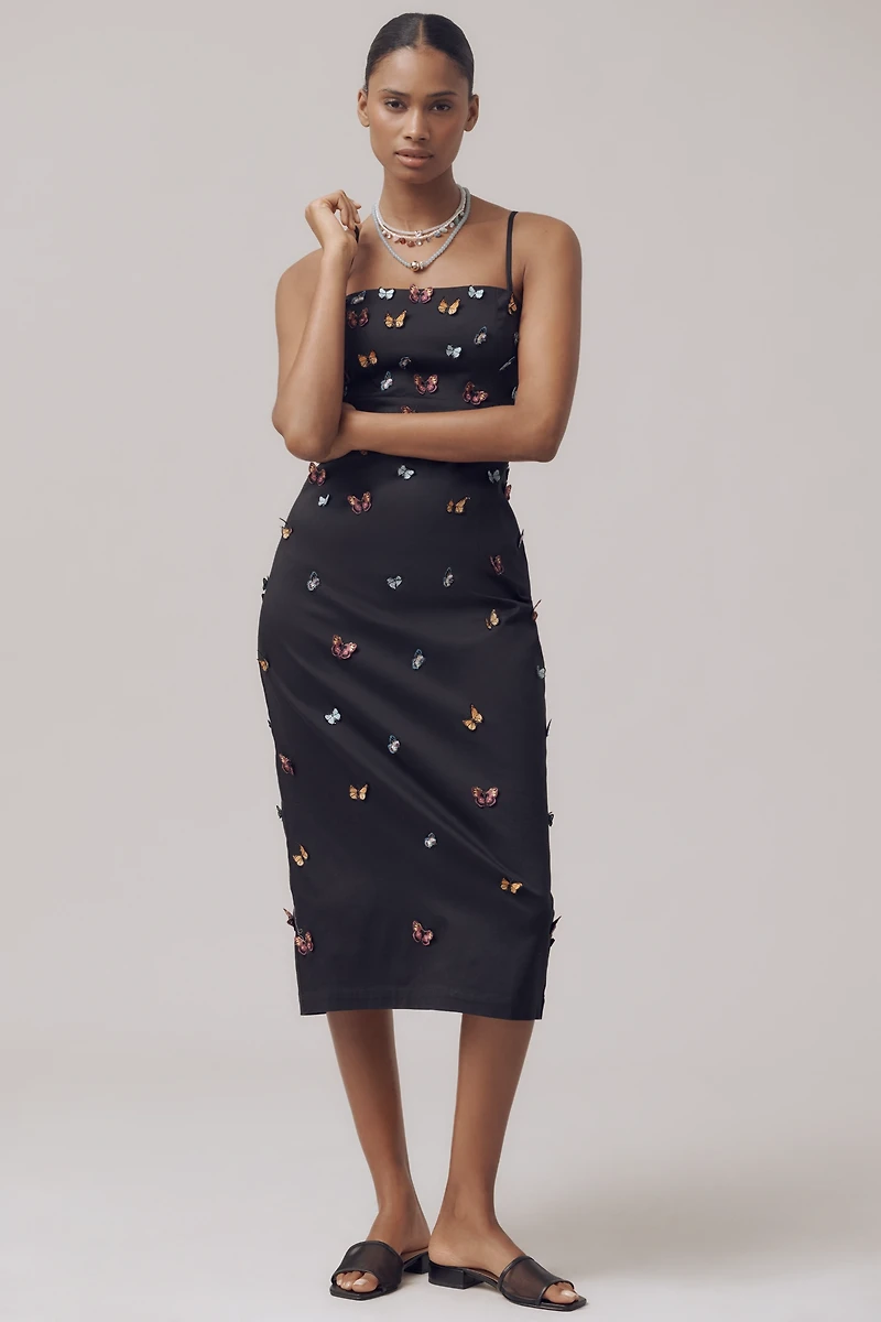 The Brynne 3D Spaghetti-Strap Midi Dress by Maeve: Butterfly-Embellished Edition