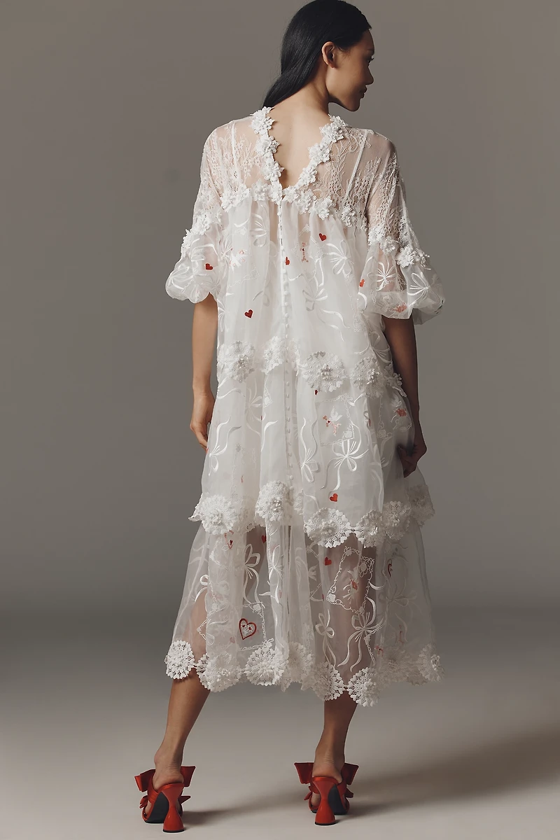 Maeve Sheer 3D Floral Long-Sleeve V-Neck Maxi Dress