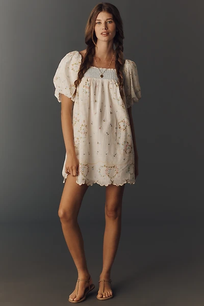 By Anthropologie Embroidered Puff-Sleeve Babydoll Dress