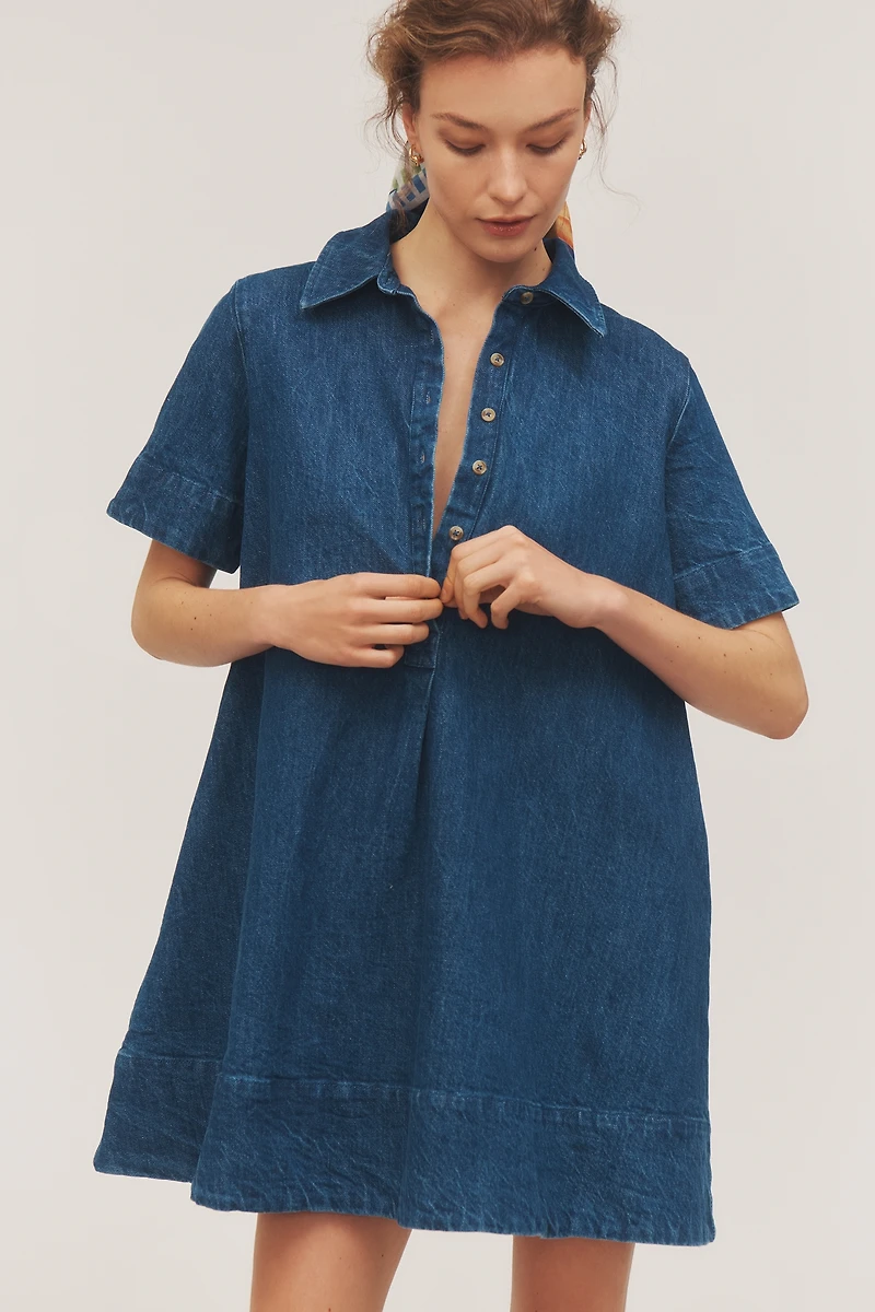 The Pollie Short-Sleeve Swing Tunic Mini Dress: Denim Edition
